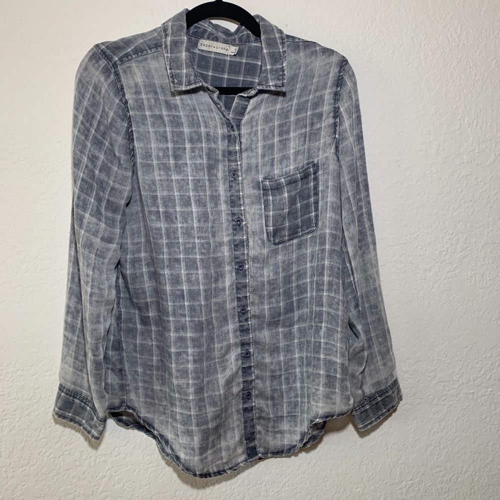 3/$25 Paper Crane Button Front Burnout Plaid Top - Picture 1 of 5